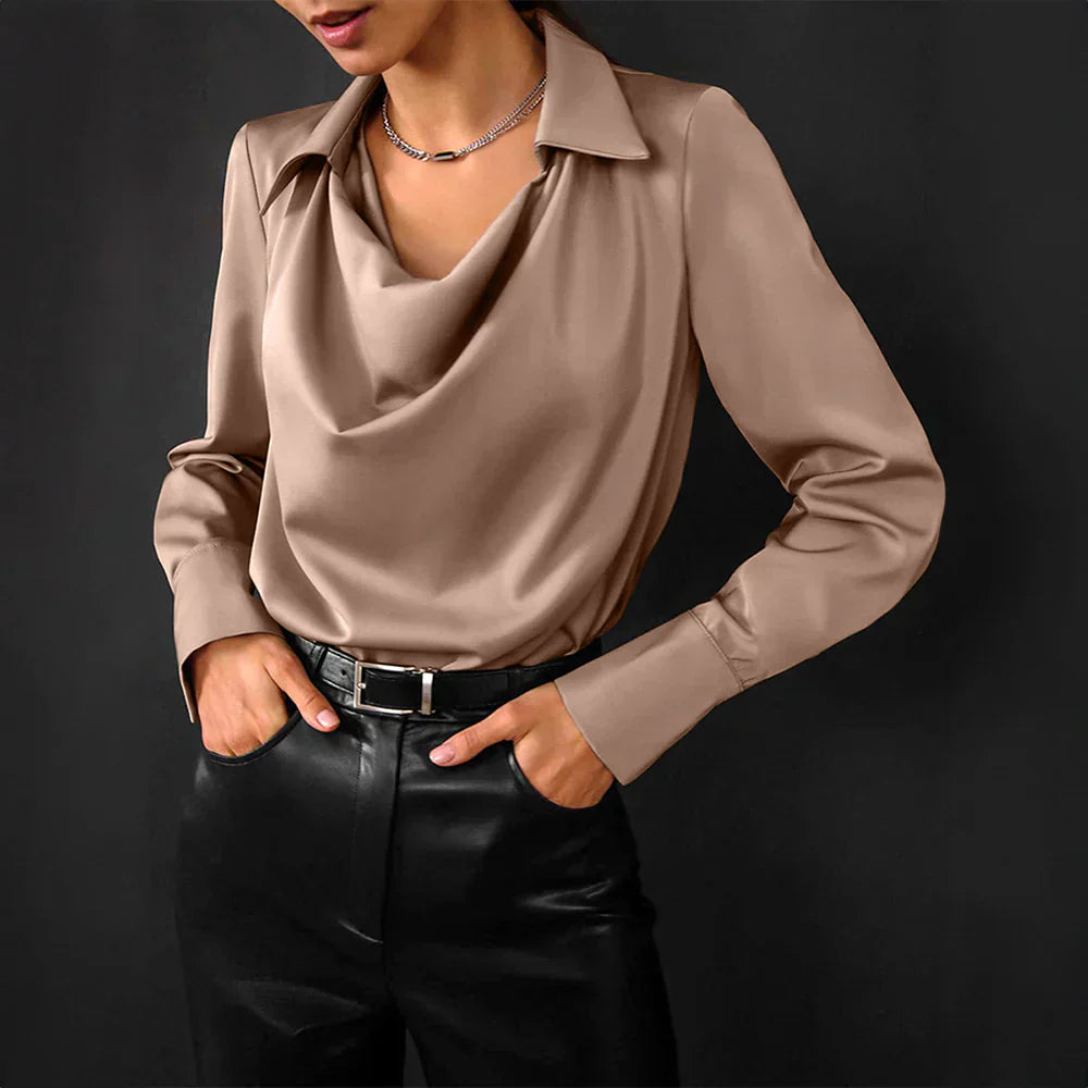 Women's Drape Neck Long Sleeve Blouse with Collar