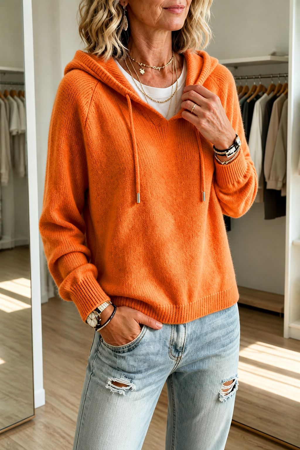 Women's Drawstring Hooded Sweater with V-Neck and Ribbed Hem