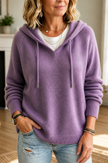 Women's Drawstring Hooded Sweater with V-Neck and Ribbed Hem