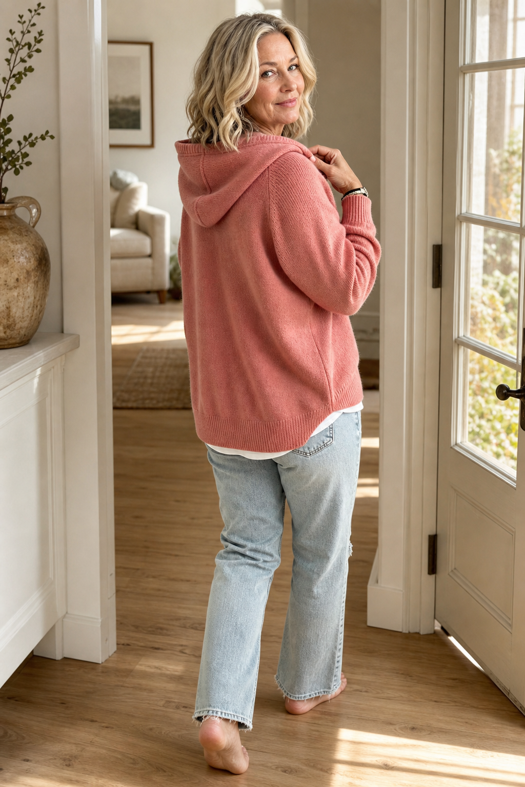 Women's Drawstring Hooded Sweater with V-Neck and Ribbed Hem