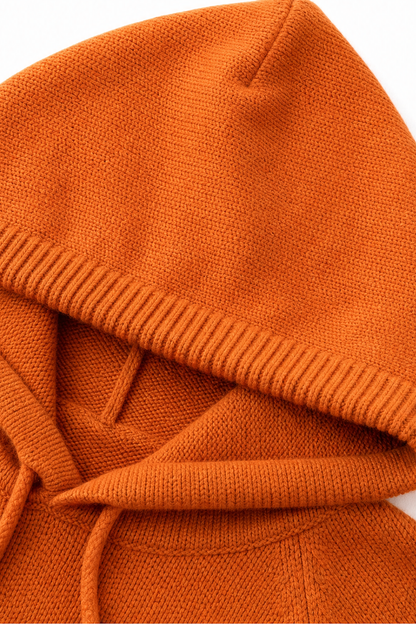 Women's Drawstring Hooded Sweater with V-Neck and Ribbed Hem