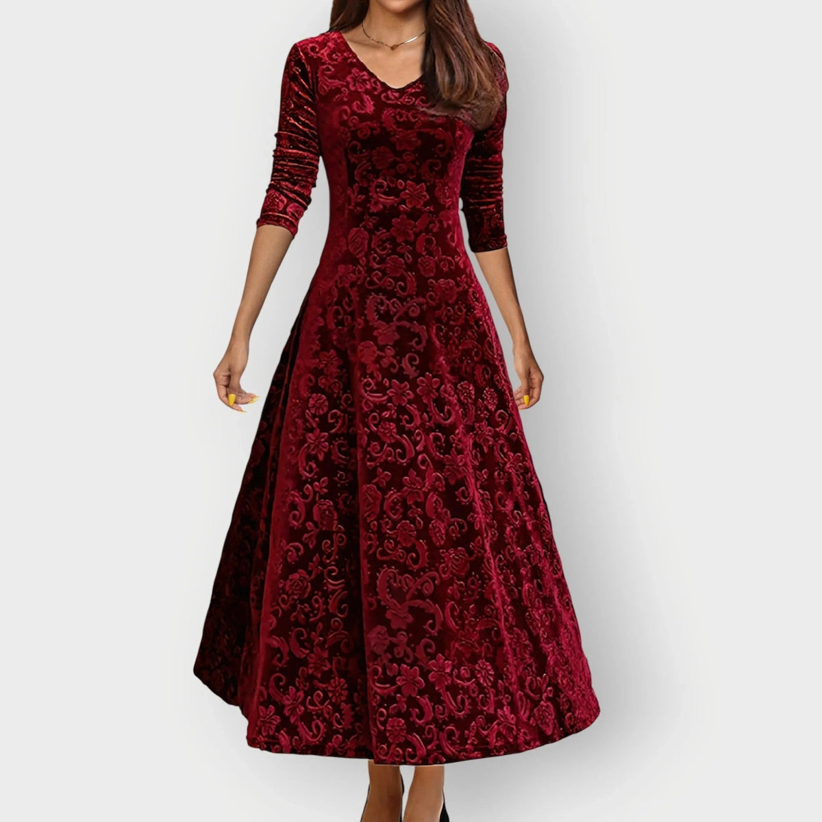 Women's Embossed Midi Dress with V-Neck and Three-Quarter Sleeves