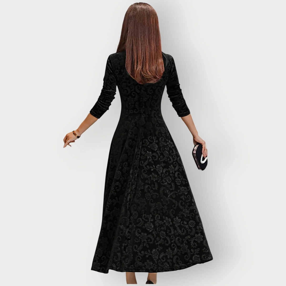 Women's Embossed Midi Dress with V-Neck and Three-Quarter Sleeves