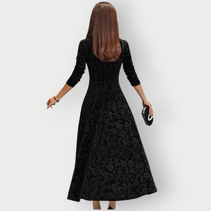 Women's Embossed Midi Dress with V-Neck and Three-Quarter Sleeves