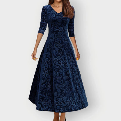 Women's Embossed Midi Dress with V-Neck and Three-Quarter Sleeves