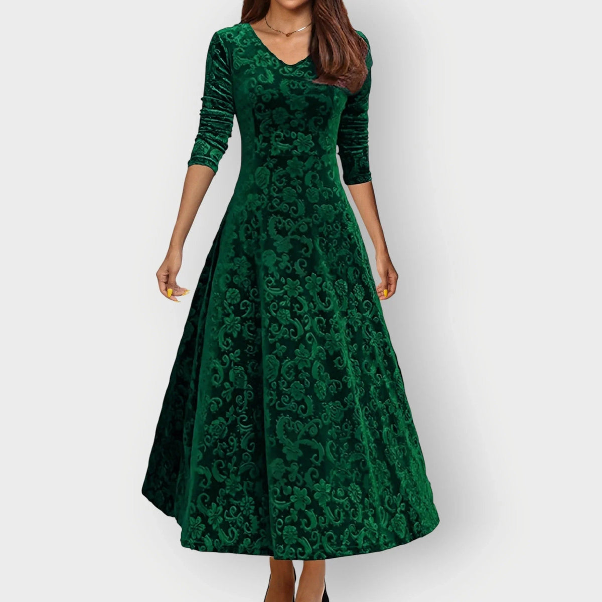 Women's Embossed Midi Dress with V-Neck and Three-Quarter Sleeves