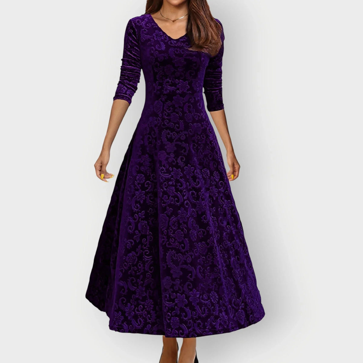 Women's Embossed Midi Dress with V-Neck and Three-Quarter Sleeves