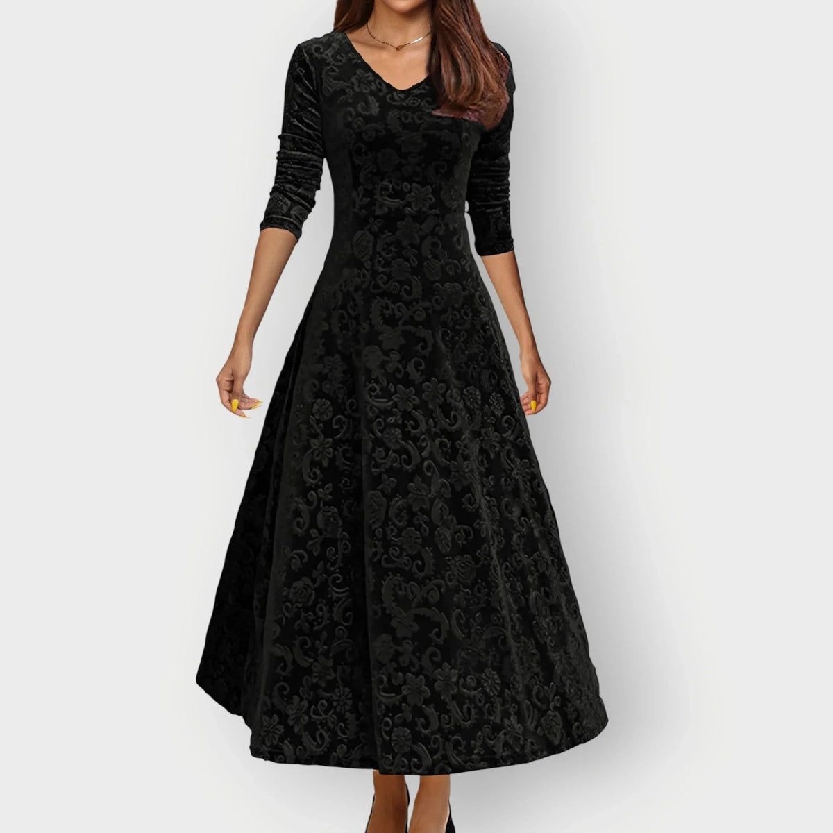 Women's Embossed Midi Dress with V-Neck and Three-Quarter Sleeves