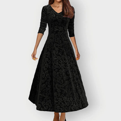 Women's Embossed Midi Dress with V-Neck and Three-Quarter Sleeves