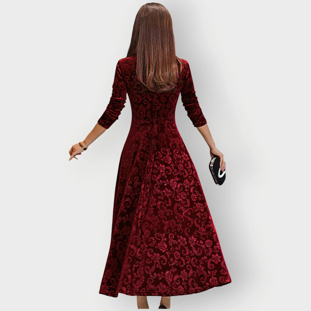 Women's Embossed Midi Dress with V-Neck and Three-Quarter Sleeves