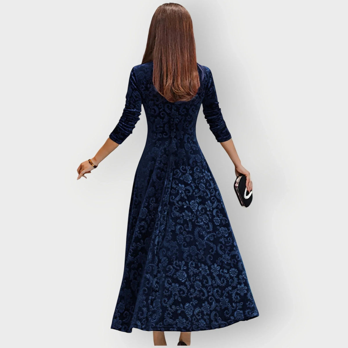 Women's Embossed Midi Dress with V-Neck and Three-Quarter Sleeves