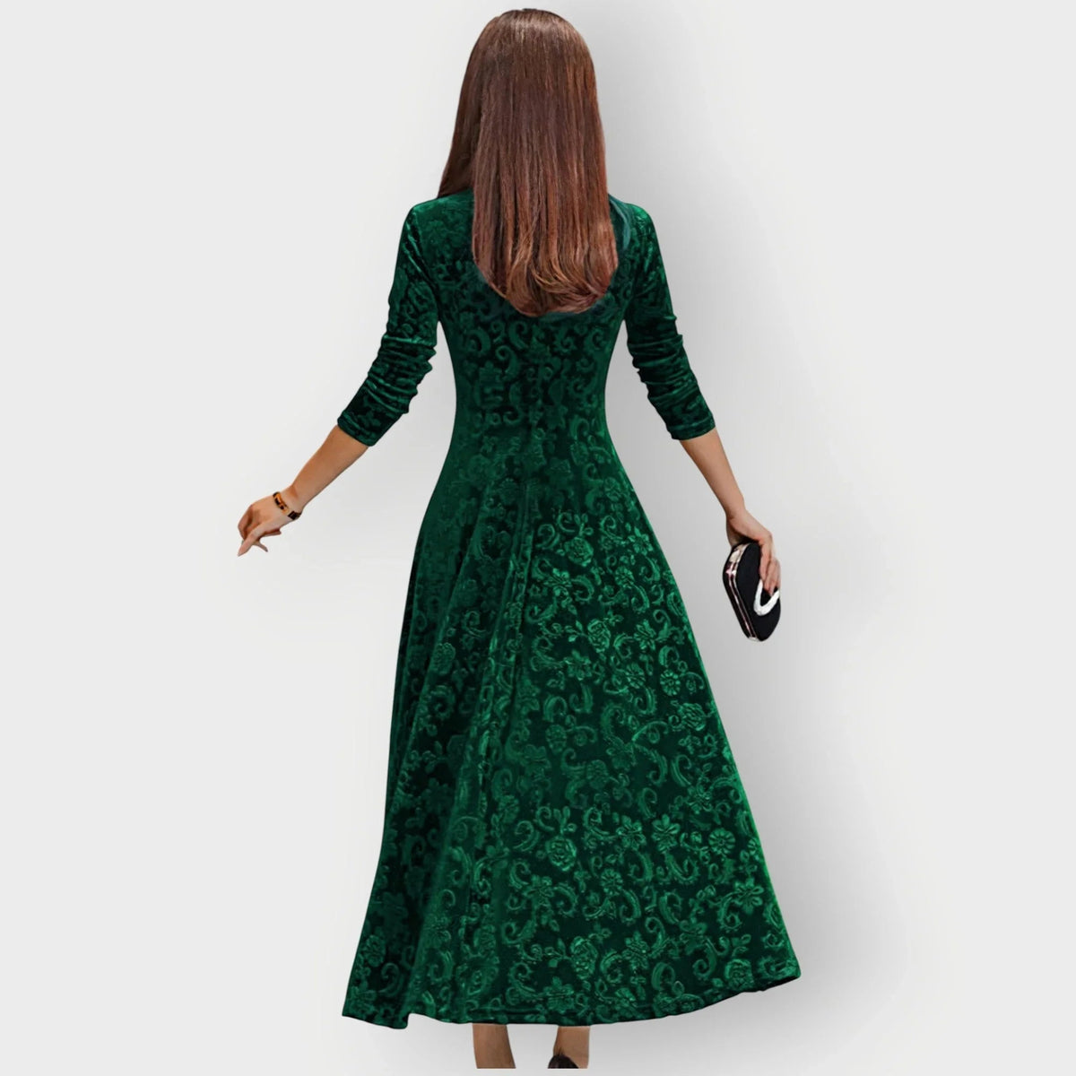 Women's Embossed Midi Dress with V-Neck and Three-Quarter Sleeves