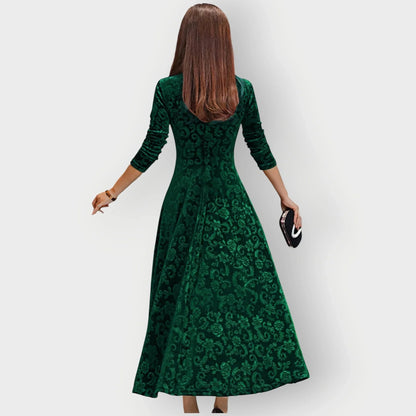 Women's Embossed Midi Dress with V-Neck and Three-Quarter Sleeves
