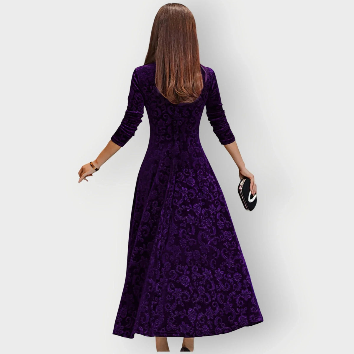 Women's Embossed Midi Dress with V-Neck and Three-Quarter Sleeves