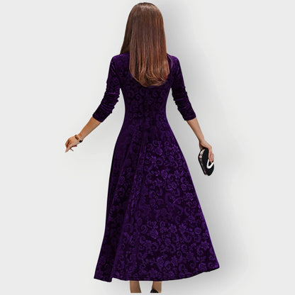Women's Embossed Midi Dress with V-Neck and Three-Quarter Sleeves