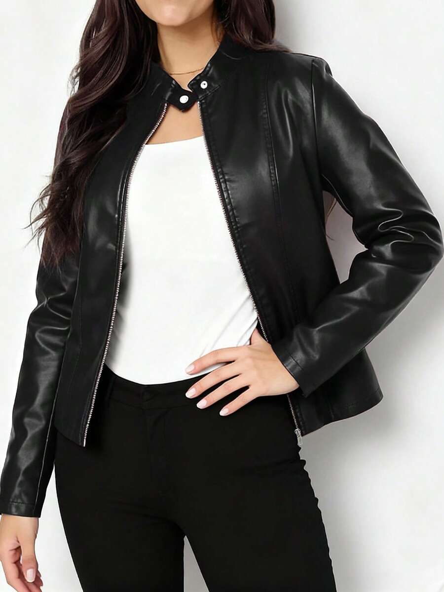 Women's Faux Leather Biker Jacket with Mandarin Collar and Front Zip