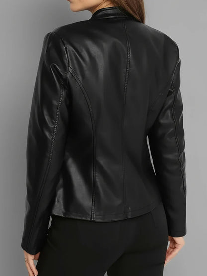 Women's Faux Leather Biker Jacket with Mandarin Collar and Front Zip
