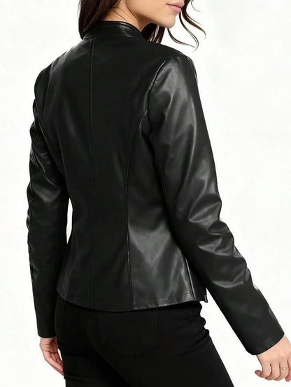 Women's Faux Leather Biker Jacket with Mandarin Collar and Front Zip