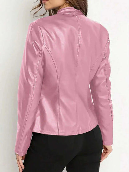 Women's Faux Leather Biker Jacket with Mandarin Collar and Front Zip