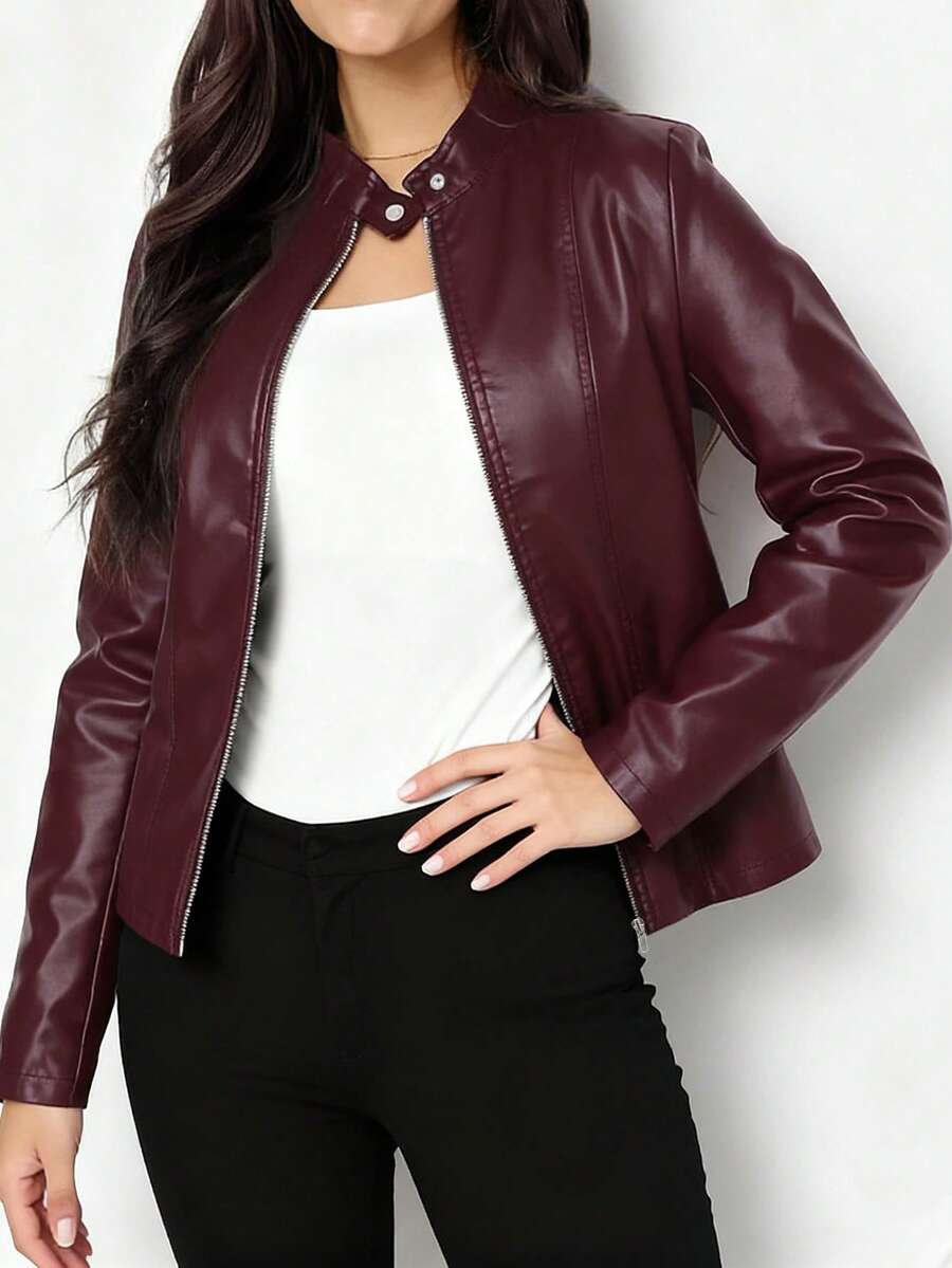 Women's Faux Leather Biker Jacket with Mandarin Collar and Front Zip