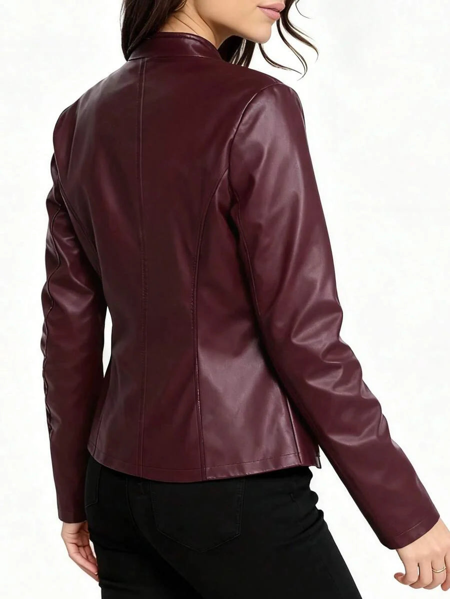Women's Faux Leather Biker Jacket with Mandarin Collar and Front Zip