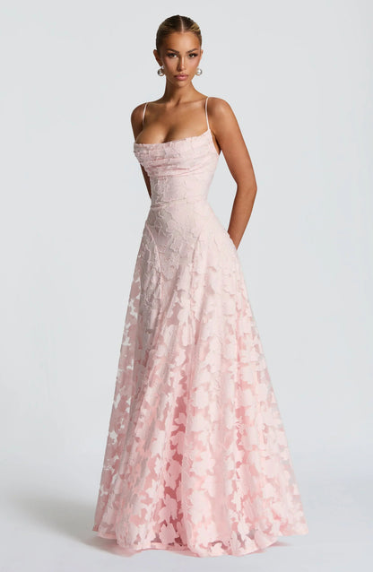 Women's Floral Appliqué Maxi Evening Gown with Lace-Up Back and A-Line Silhouette
