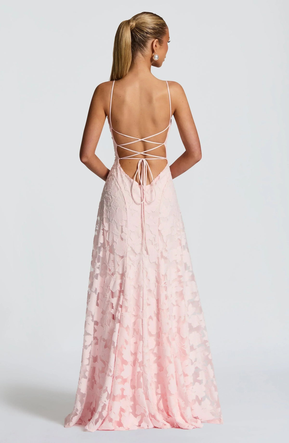 Women's Floral Appliqué Maxi Evening Gown with Lace-Up Back and A-Line Silhouette