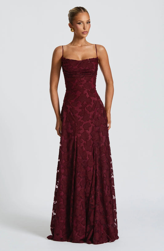 Women's Floral Appliqué Maxi Evening Gown with Lace-Up Back and A-Line Silhouette