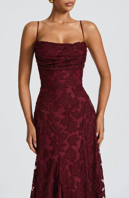 Women's Floral Appliqué Maxi Evening Gown with Lace-Up Back and A-Line Silhouette