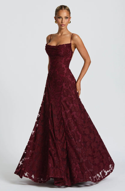 Women's Floral Appliqué Maxi Evening Gown with Lace-Up Back and A-Line Silhouette