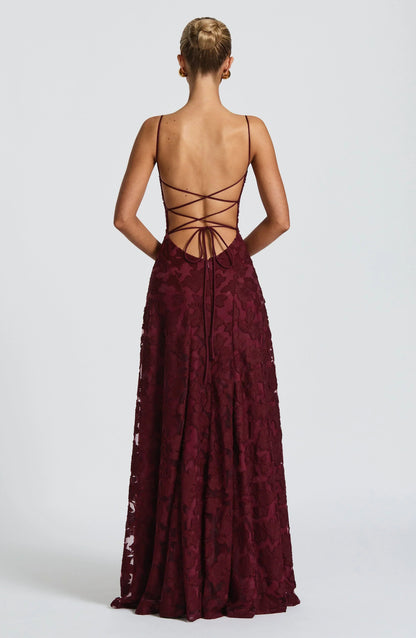 Women's Floral Appliqué Maxi Evening Gown with Lace-Up Back and A-Line Silhouette