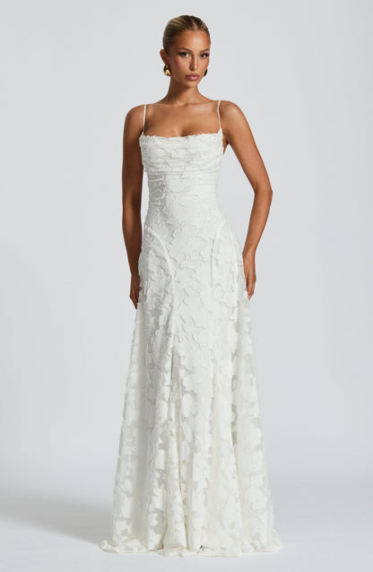 Women's Floral Appliqué Maxi Evening Gown with Lace-Up Back and A-Line Silhouette
