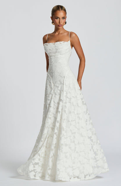 Women's Floral Appliqué Maxi Evening Gown with Lace-Up Back and A-Line Silhouette