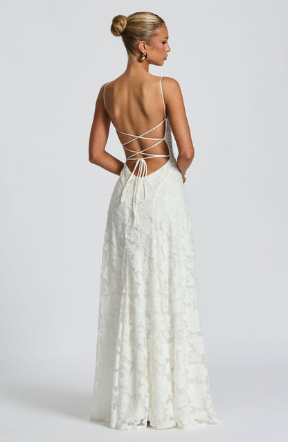 Women's Floral Appliqué Maxi Evening Gown with Lace-Up Back and A-Line Silhouette
