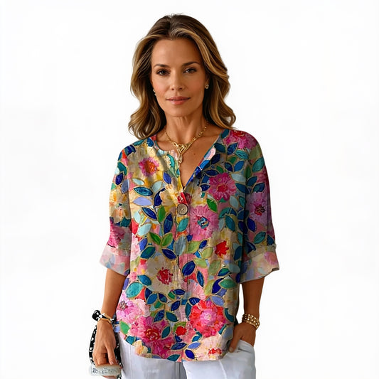 Women's Floral Blouse with V-Neck and Three-Quarter Sleeves, Loose Fit - 1
