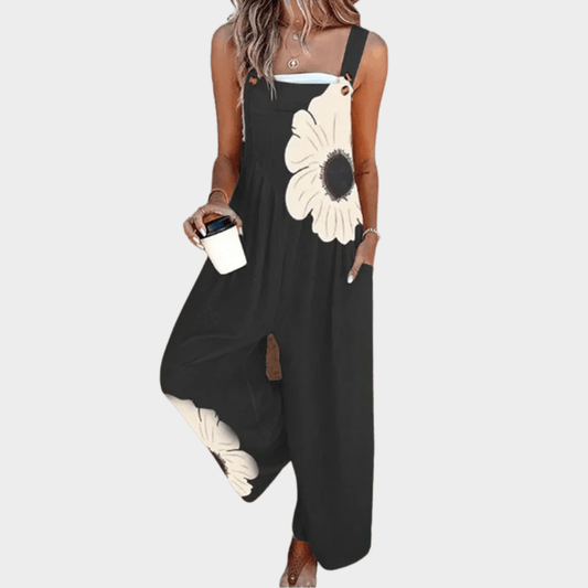 Women's Floral Dungarees with Adjustable Straps and Wide Legs - 1