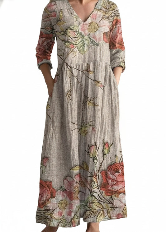 Women's Floral Maxi Dress with V-Neck and Three-Quarter Sleeves - 1