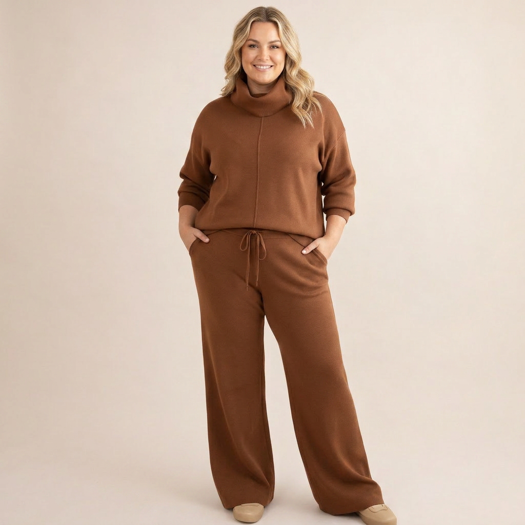 Women's Funnel Neck Tracksuit Set with Sweatshirt and Wide-Leg Pants