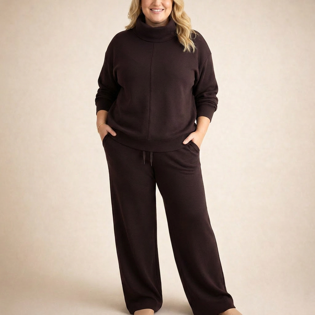 Women's Funnel Neck Tracksuit Set with Sweatshirt and Wide-Leg Pants