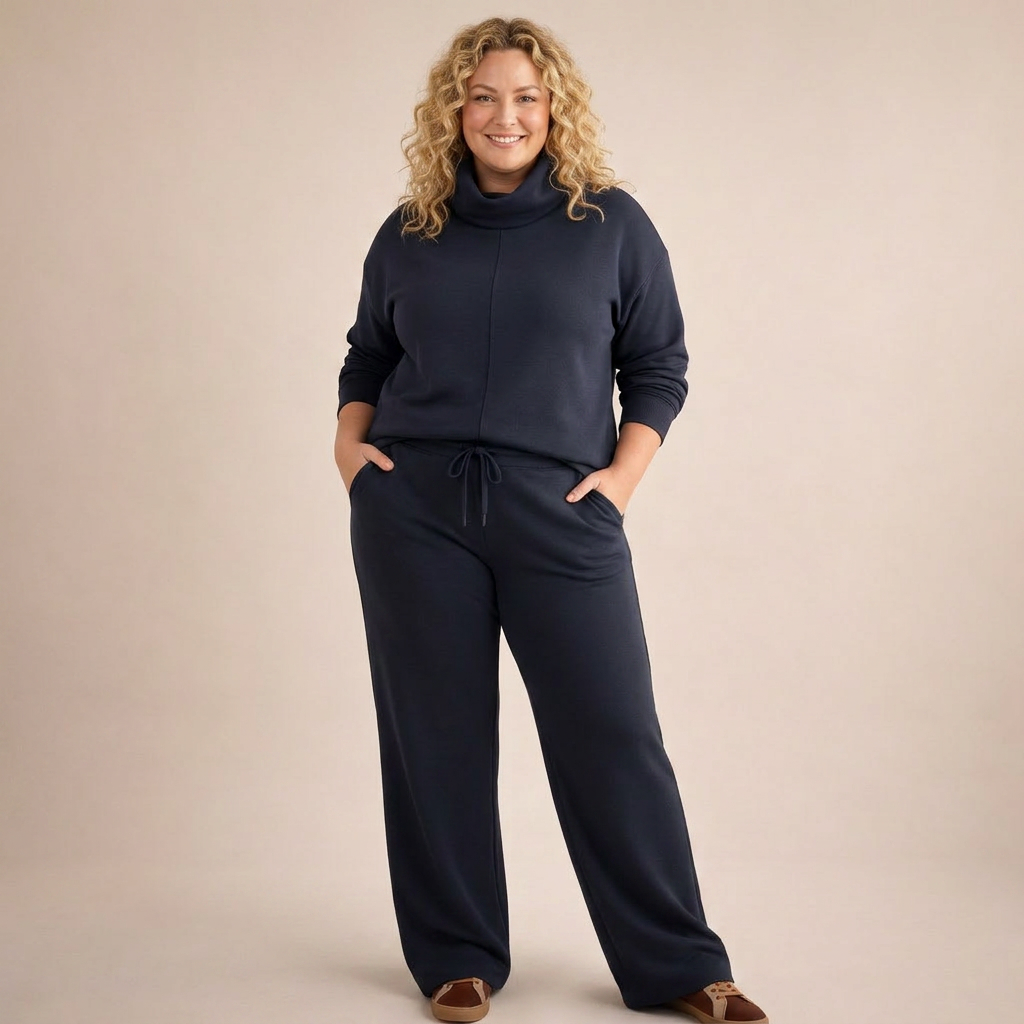 Women's Funnel Neck Tracksuit Set with Sweatshirt and Wide-Leg Pants
