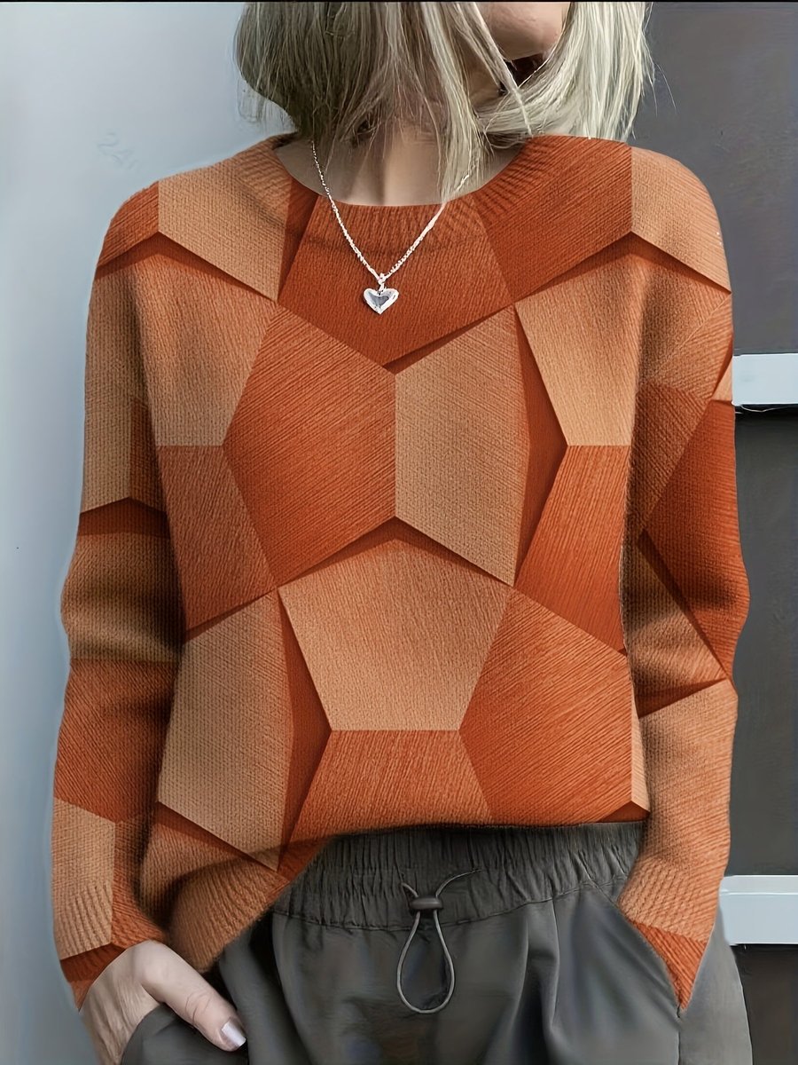Women's Geometric Pattern Sweater with Round Neck