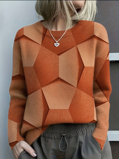 Women's Geometric Pattern Sweater with Round Neck