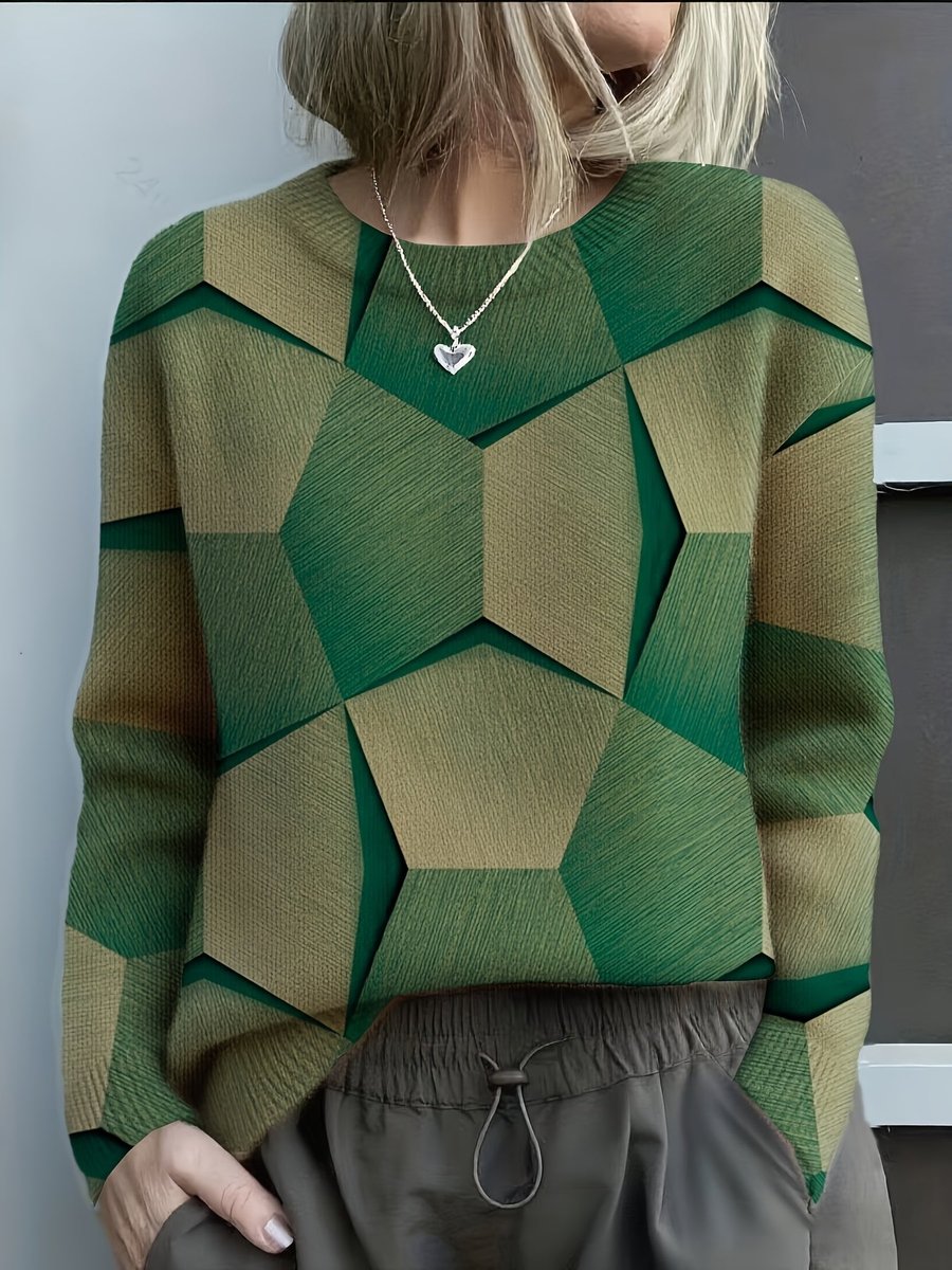 Women's Geometric Pattern Sweater with Round Neck