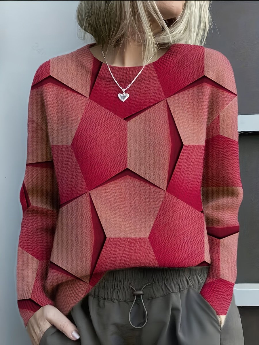 Women's Geometric Pattern Sweater with Round Neck