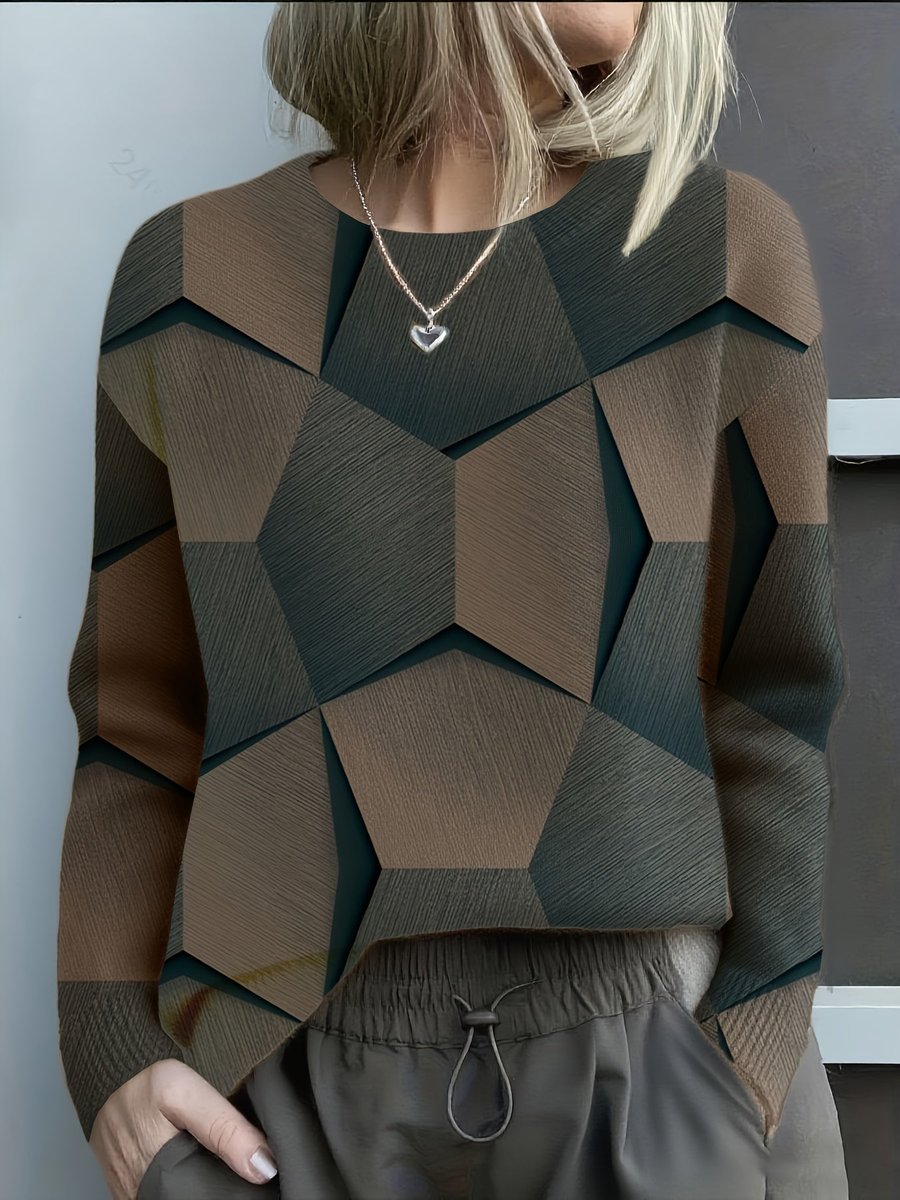 Women's Geometric Pattern Sweater with Round Neck