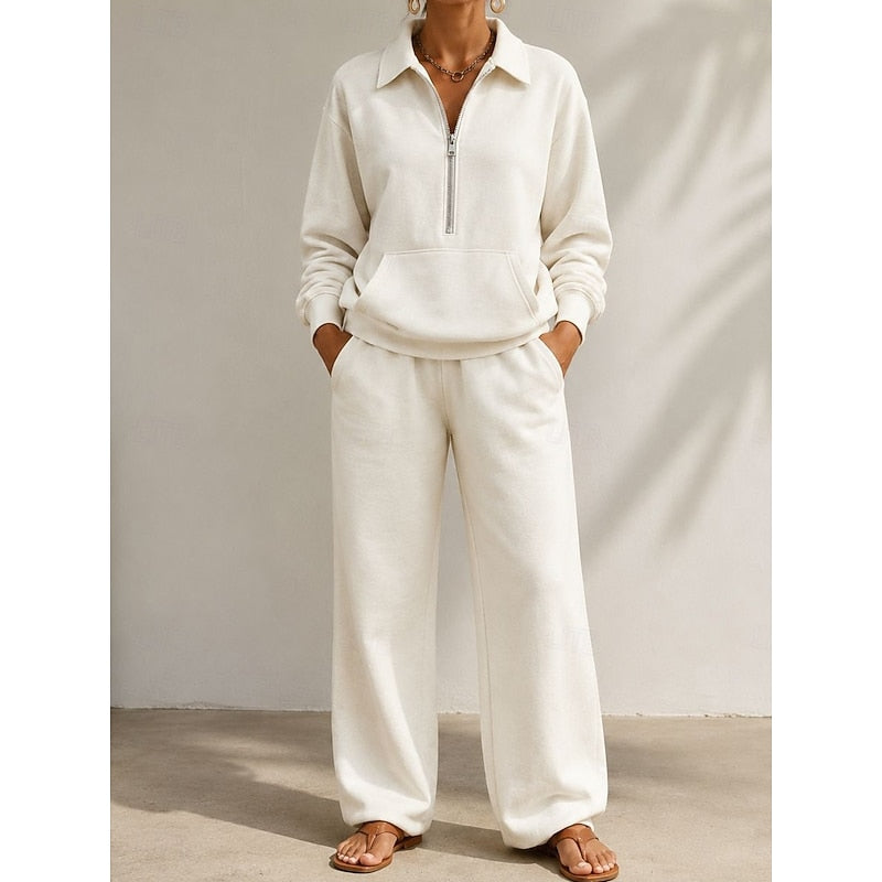 Women's Half-Zip Collared Top and Wide-Leg Trousers Set