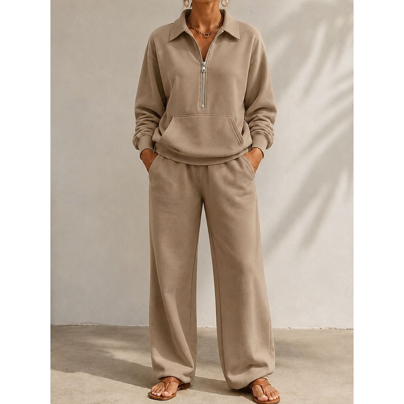 Women's Half-Zip Collared Top and Wide-Leg Trousers Set