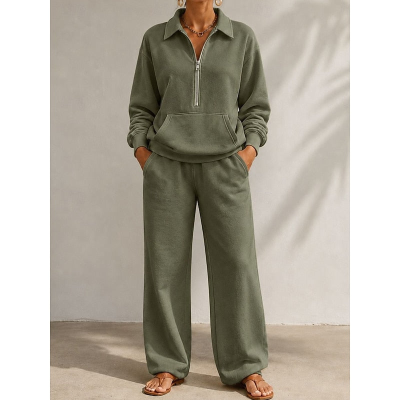 Women's Half-Zip Collared Top and Wide-Leg Trousers Set