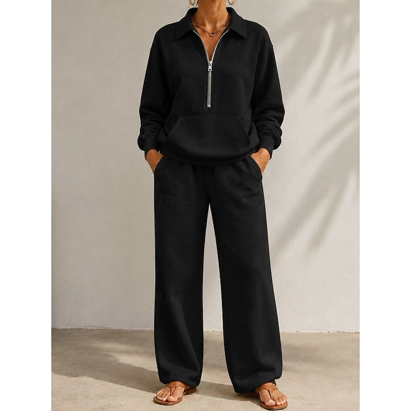 Women's Half-Zip Collared Top and Wide-Leg Trousers Set