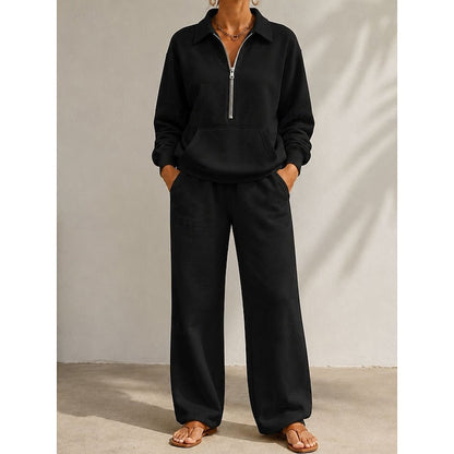 Women's Half-Zip Collared Top and Wide-Leg Trousers Set